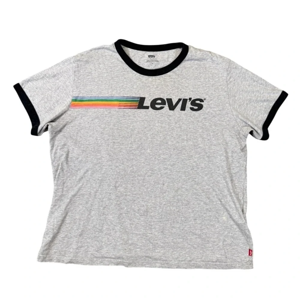 Levis Mens Ringer T-Shirt Gray Rainbow Stripe Logo Graphic Tee Size L